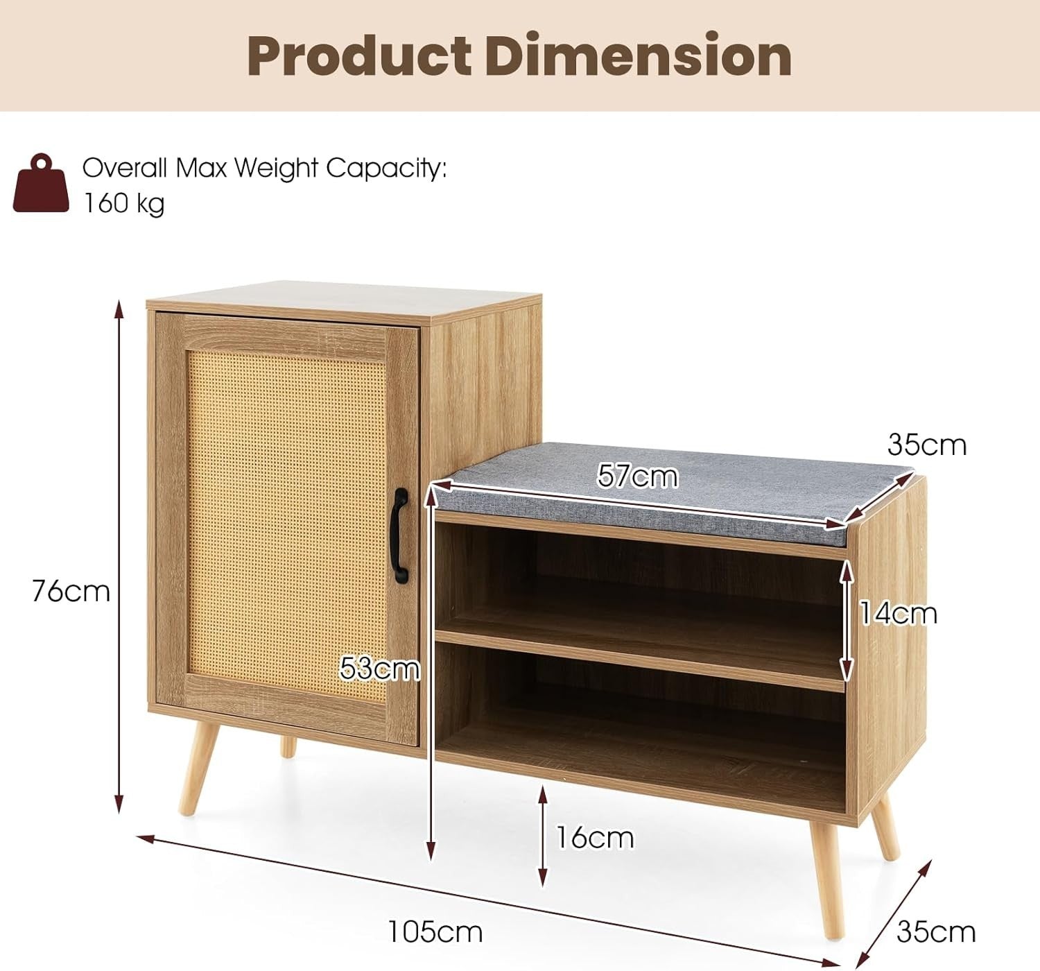 Rattan Shoe Cabinet Bench with Cushion Adjustable Shelves Pine Wood Legs Unit