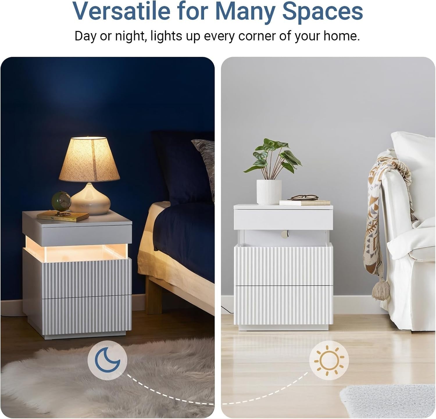 Modern White Bedside Table with LED Light & 3 Drawers – Ambient Nightstand