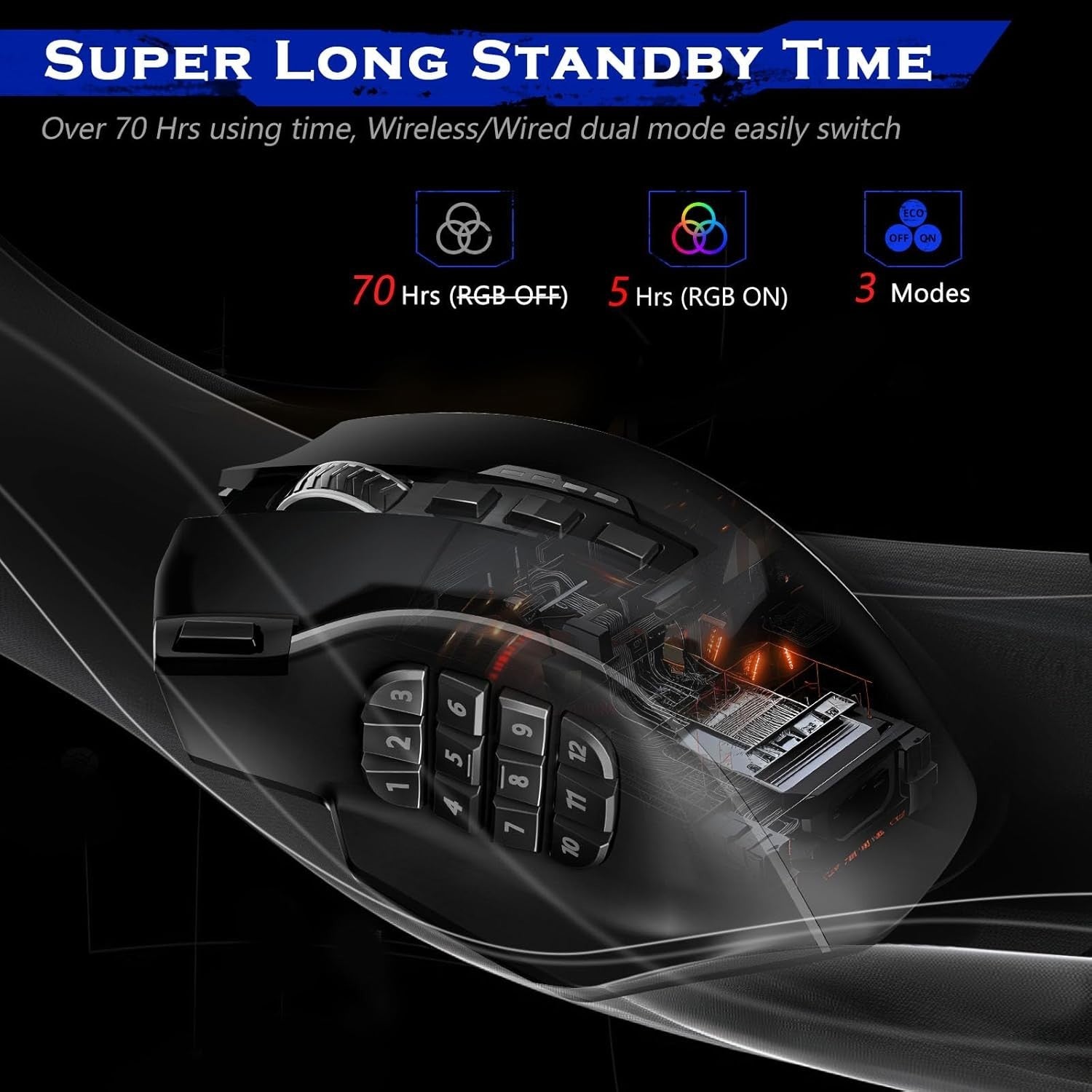 Wireless MMO Gaming Mouse 16000 DPI 16 Buttons RGB Rechargeable