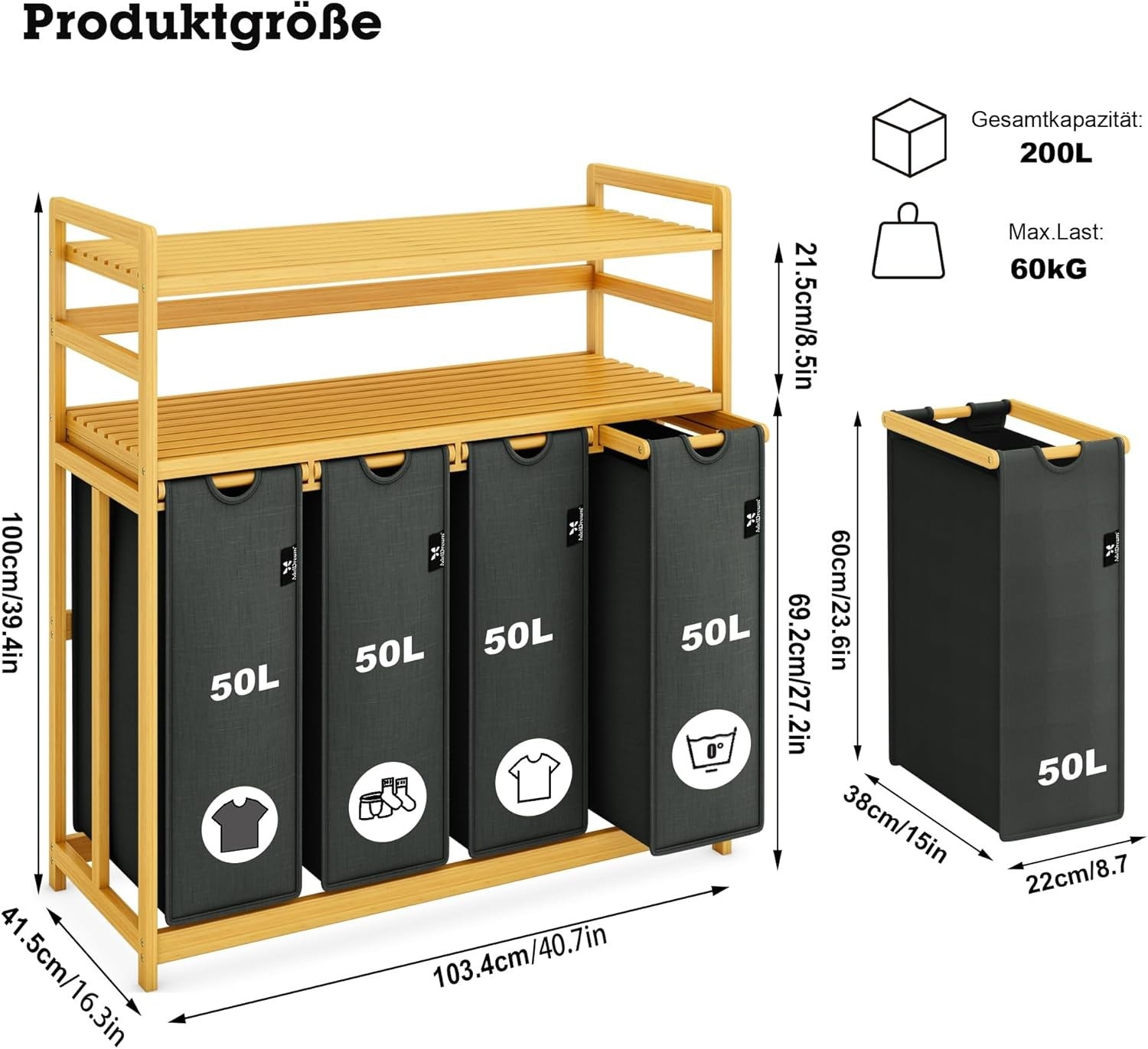 200L 4-Section Laundry Sorter Bamboo Frame Grey With Shelf Removable Bags