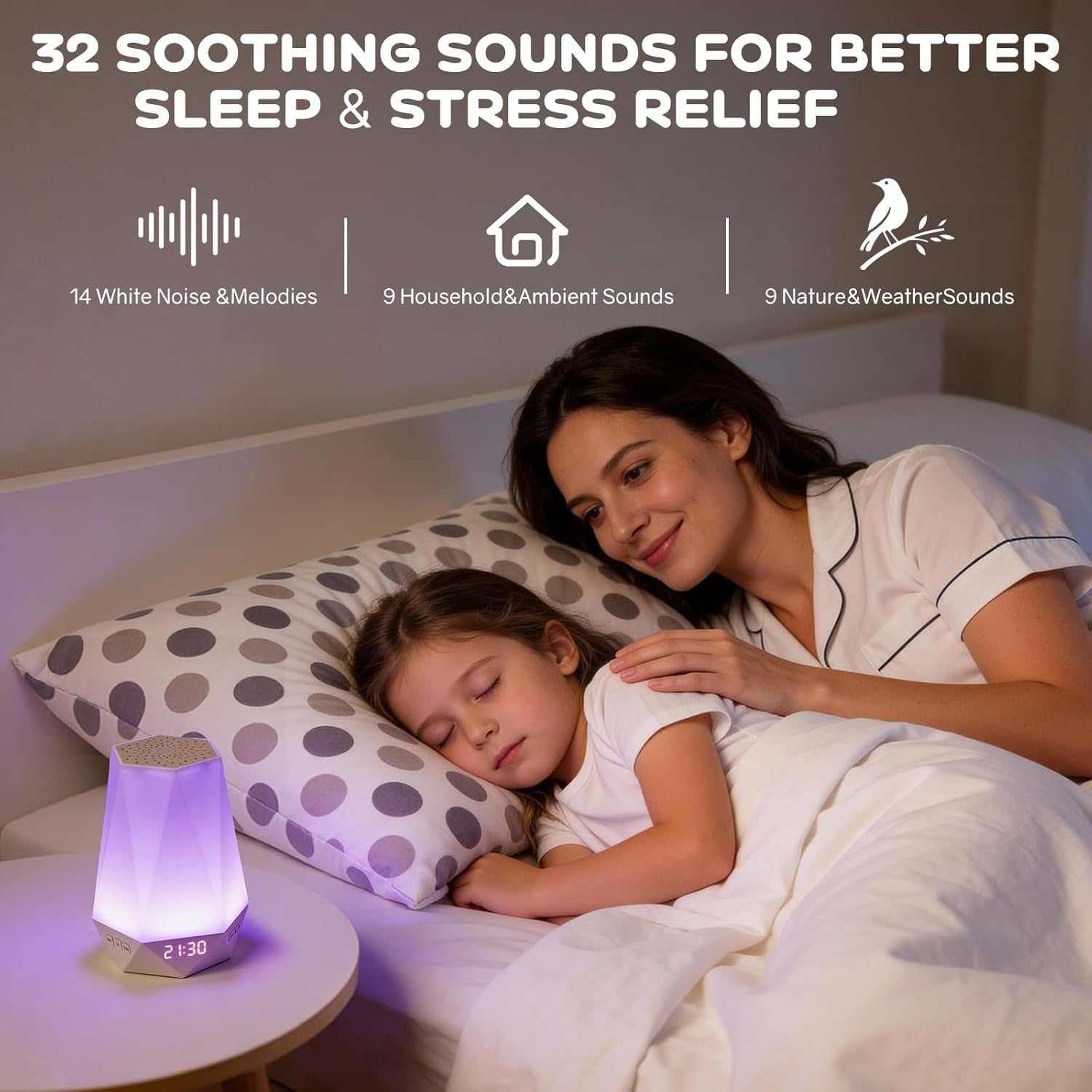 White Noise Sleep Trainer Clock for Kids & Adults with Night Light & App