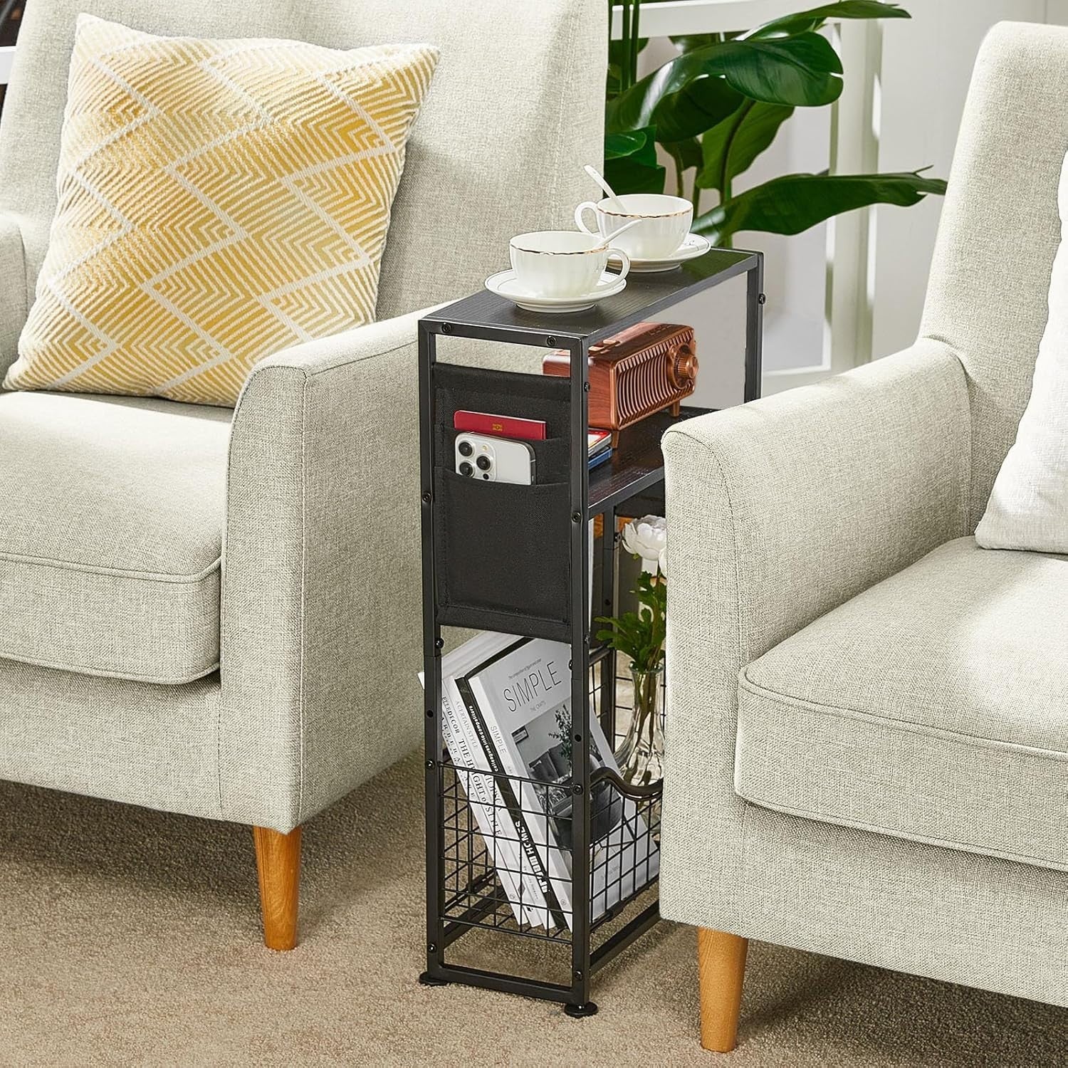 Black 3-Tier Narrow Side Table 30x30x50 cm | Slim End Table w/ Storage