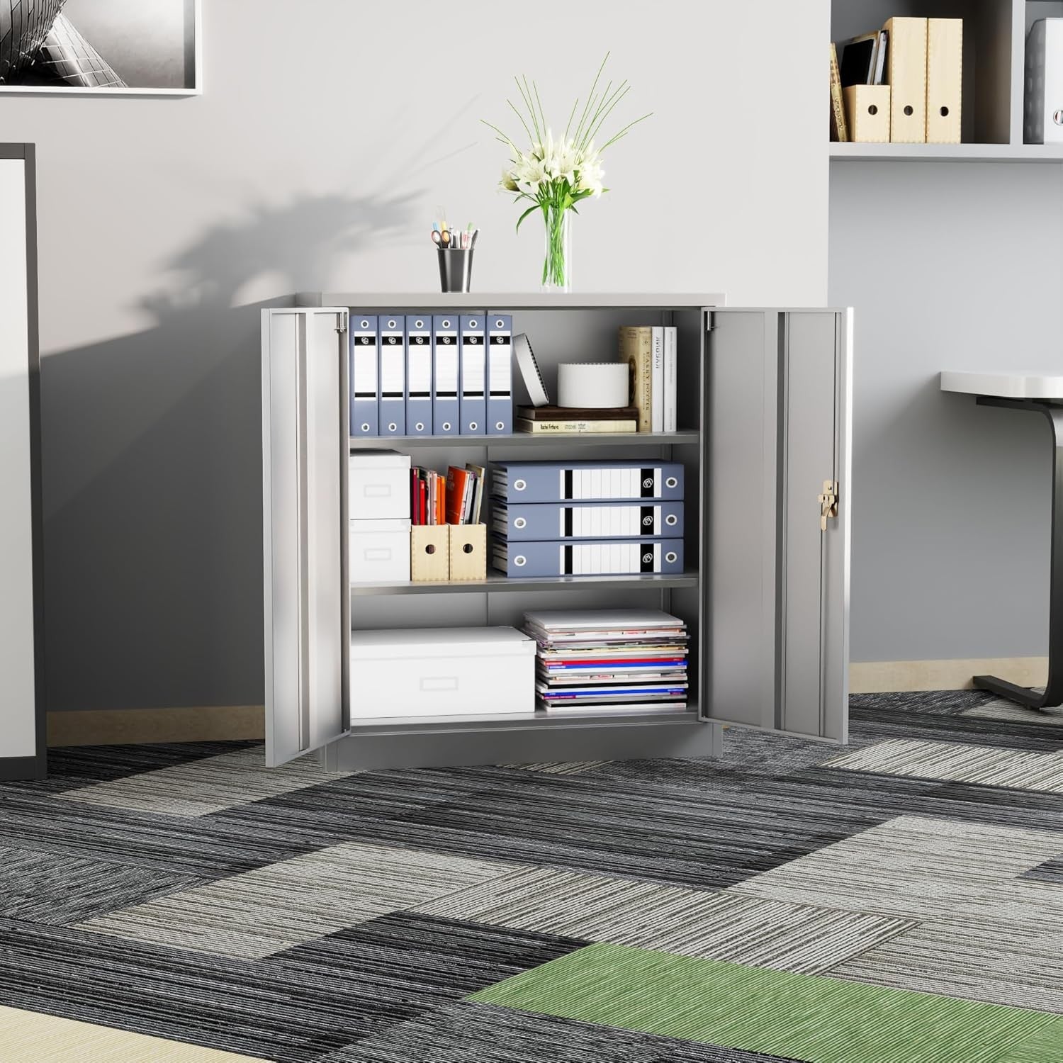 Metal Storage Cabinet with Lock Doors 2 Adjustable Shelves Office Home Grey