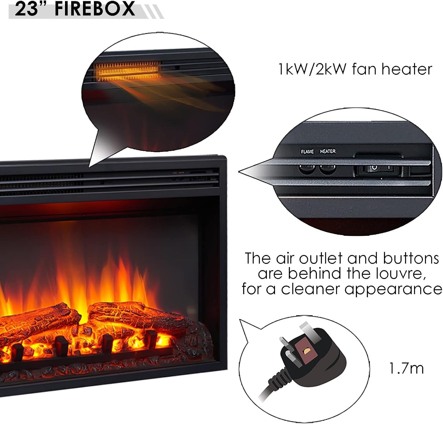 White Electric Fireplace Suite Heater 2kW Log Storage Flame Effect