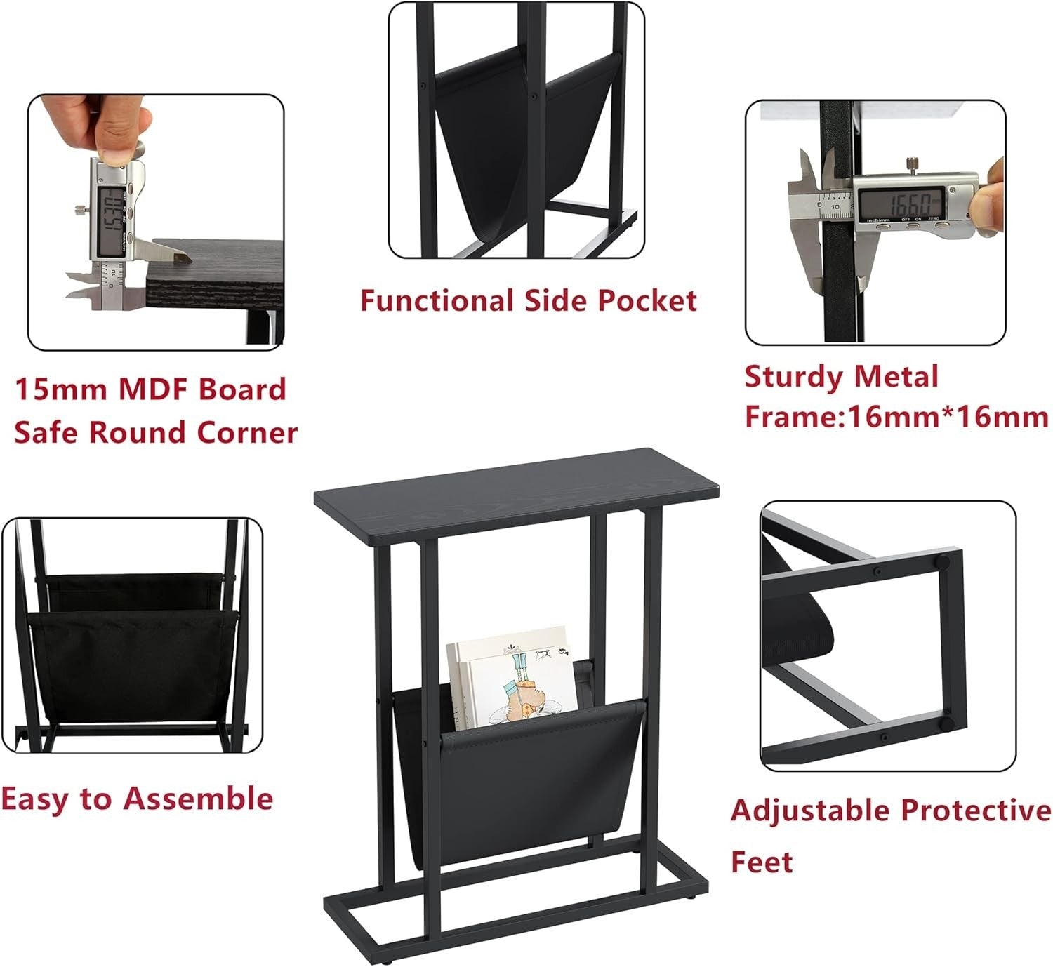 Narrow Black Side Table with Storage Bag Slim Sofa Bedside Small Space 18x45x54