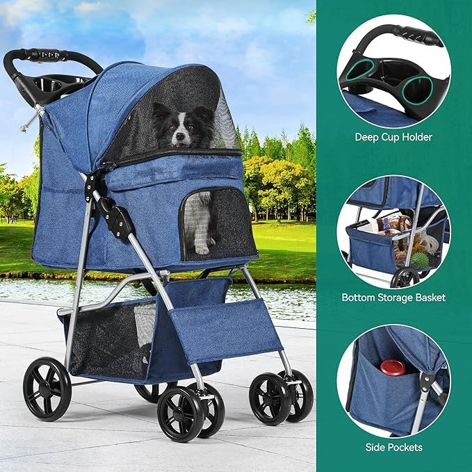 Dog Stroller 4 Wheel Folding Pet Buggy with Storage Basket Travel