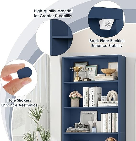 6-Tier Tall Bookshelf Blue Modern Display Storage Unit for Living Room Home