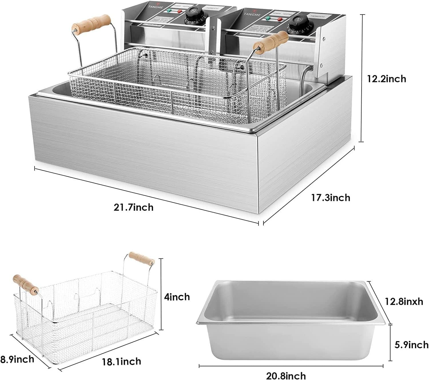 Commercial Electric Deep Fryer 22L 3400W Stainless Steel 3 Baskets