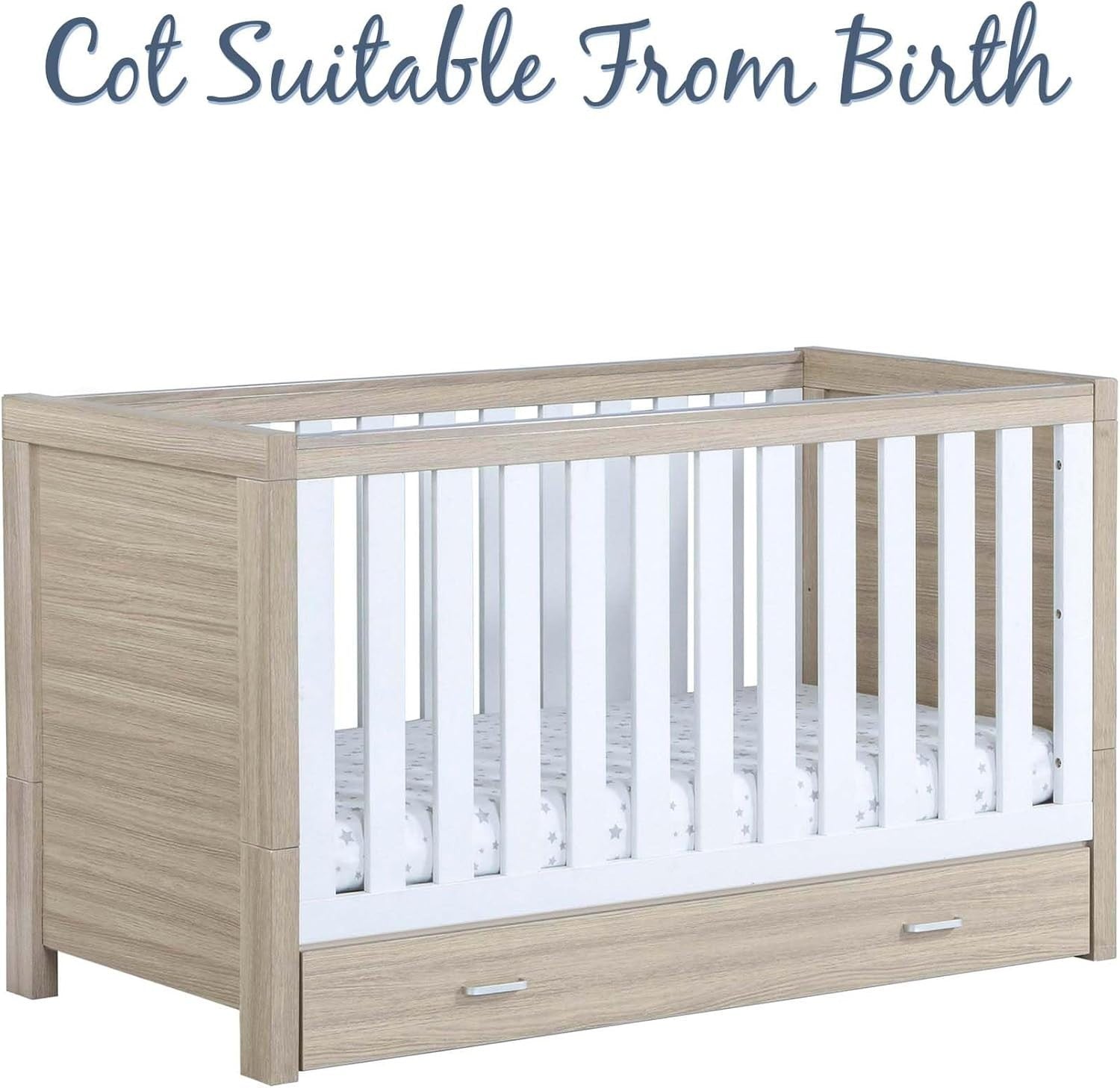 Convertible Baby Cot Bed with Drawer Toddler Bed Adjustable Height Oak White