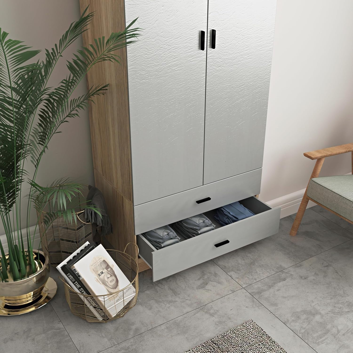 Tall Oak 2 Door Grey Wardrobe with Drawers | Modern Bedroom Clothes Storage