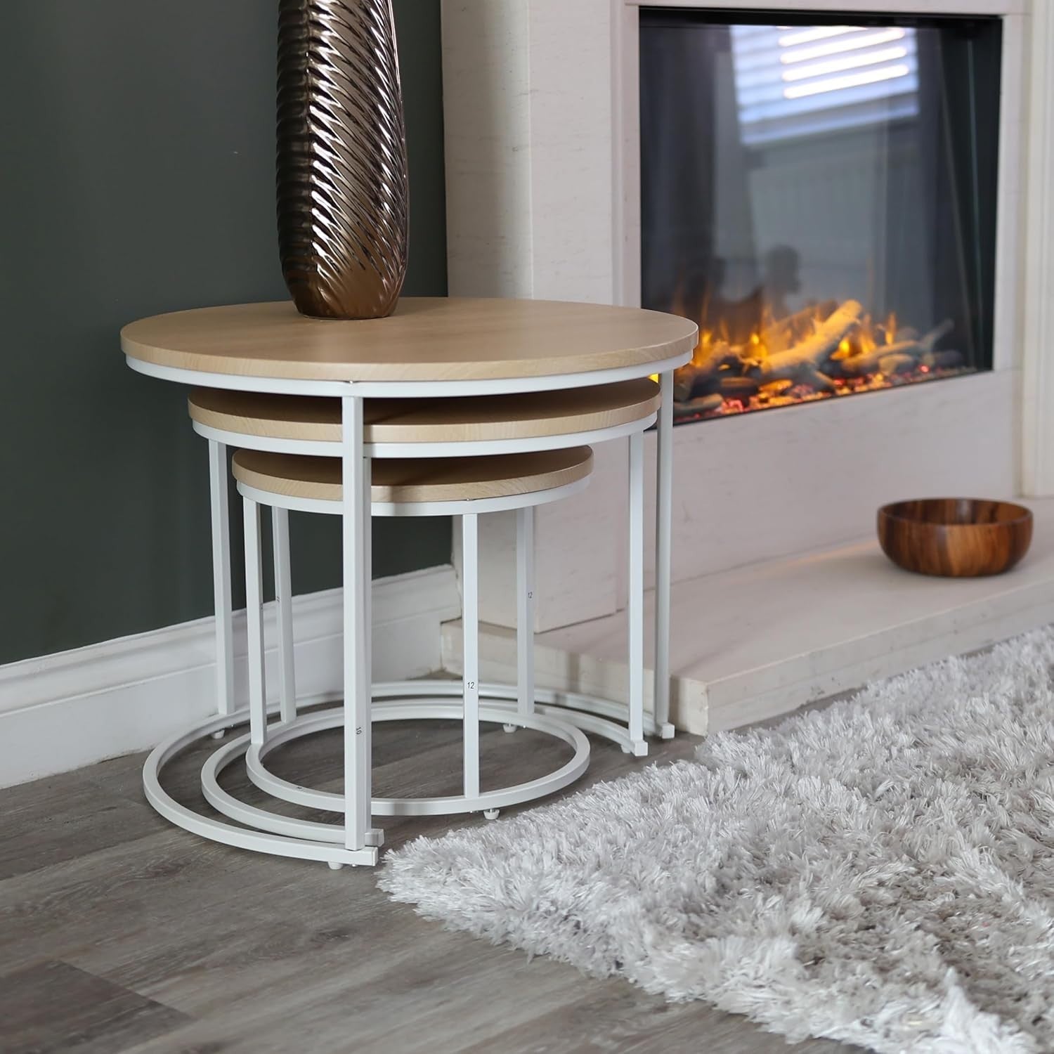 Space Saving Nesting End Tables Set 3 Round White Oak Wood Look Side Coffee