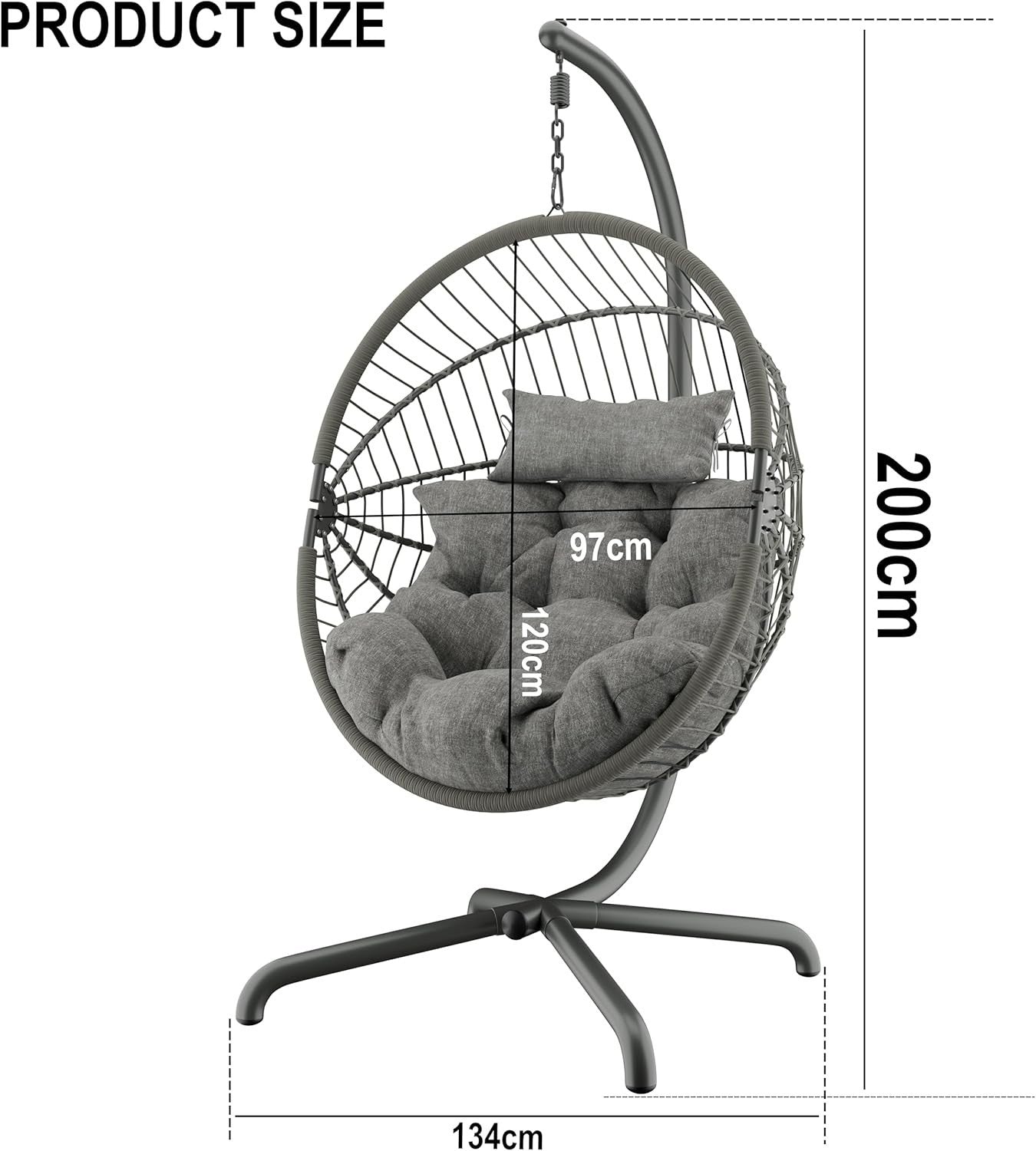 Foldable Rattan Hanging Egg Chair with Stand & Cushion for Indoor Outdoor