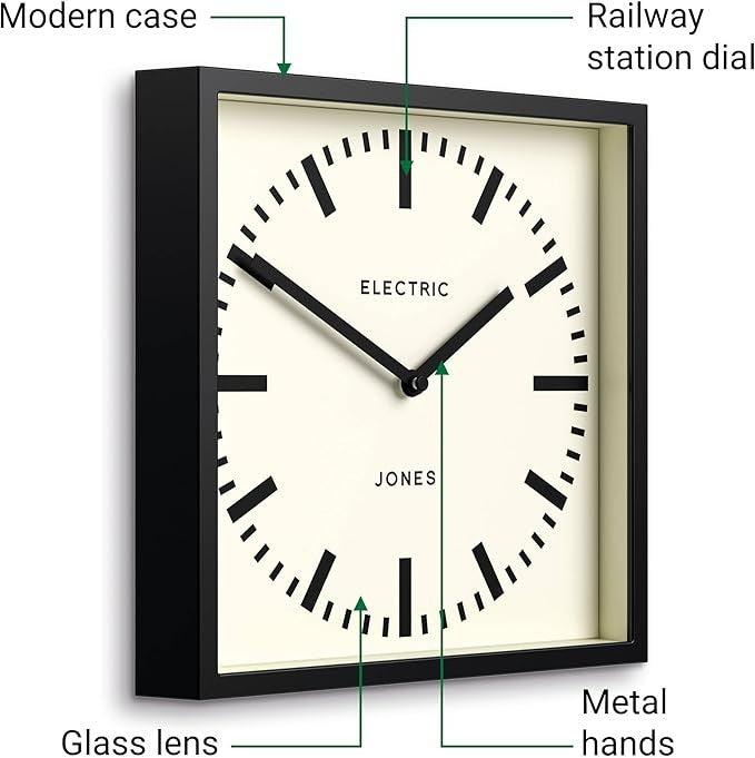 Square 25cm Wall Clock Silent Modern Station Style Black Frame Home Office Decor