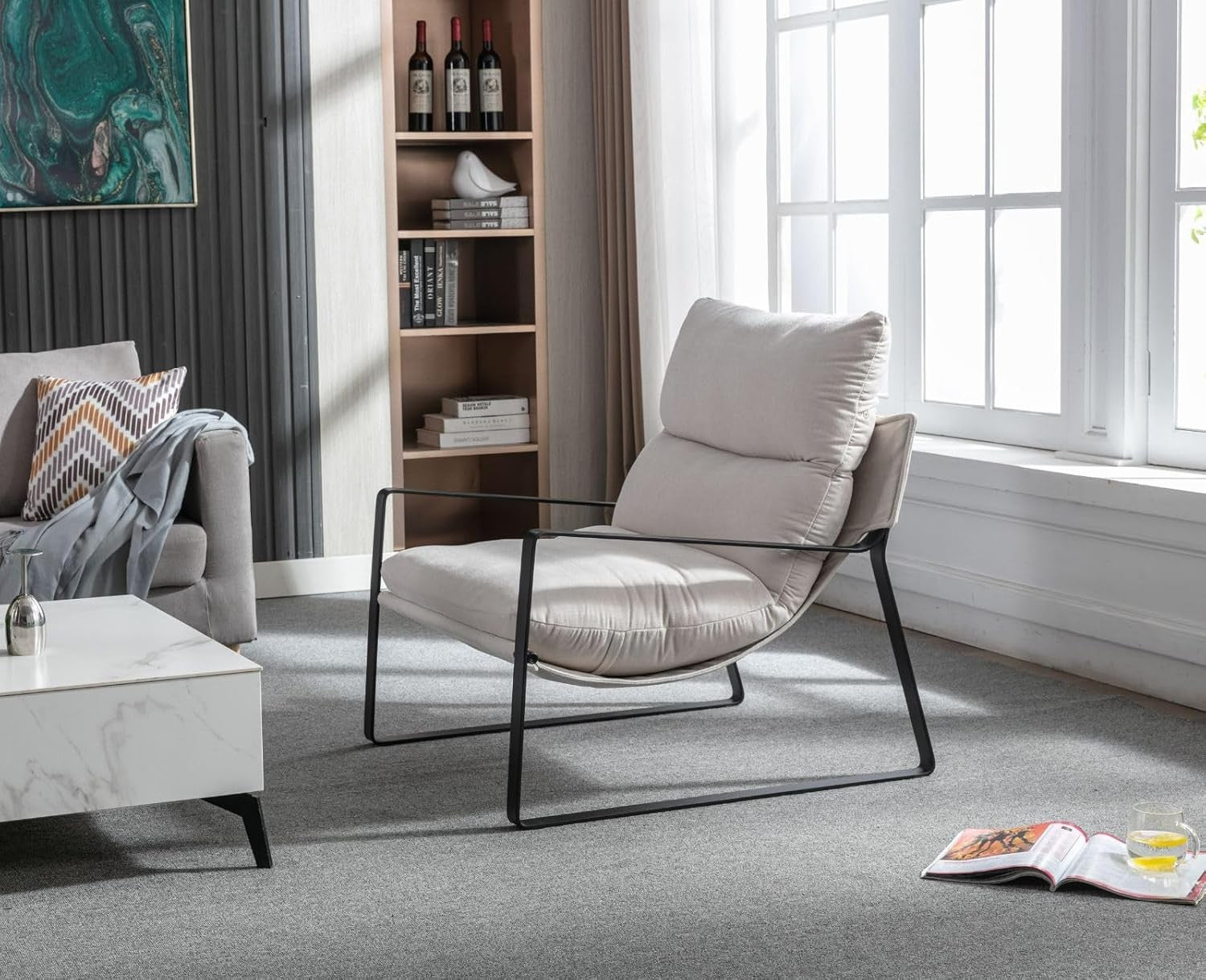 Beige Chenille Accent Chair Modern Lounge Armchair Metal Frame