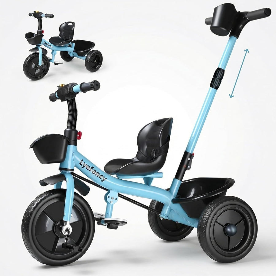 2 in 1 Toddler Tricycle Parent Handle Adjustable Seat Bike Blue 1-4Y
