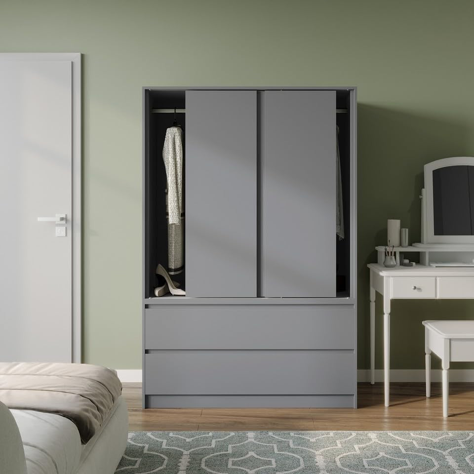 Grey Sliding Door Wardrobe with 4 Drawers & Hanging Rail – Space Saving