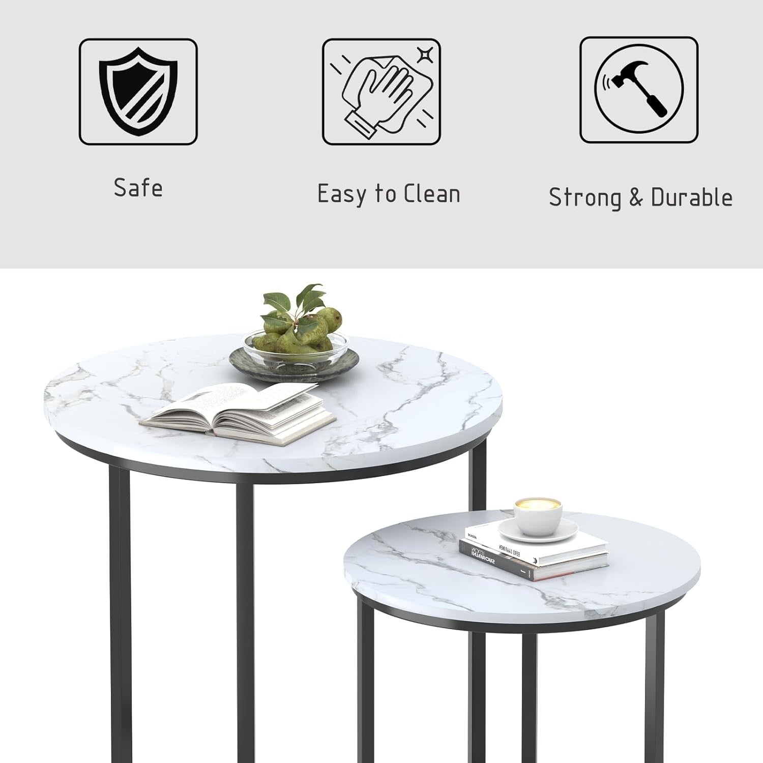 Black Nesting Coffee Tables Set of 2 Modern Round Side End Sofa Living Room