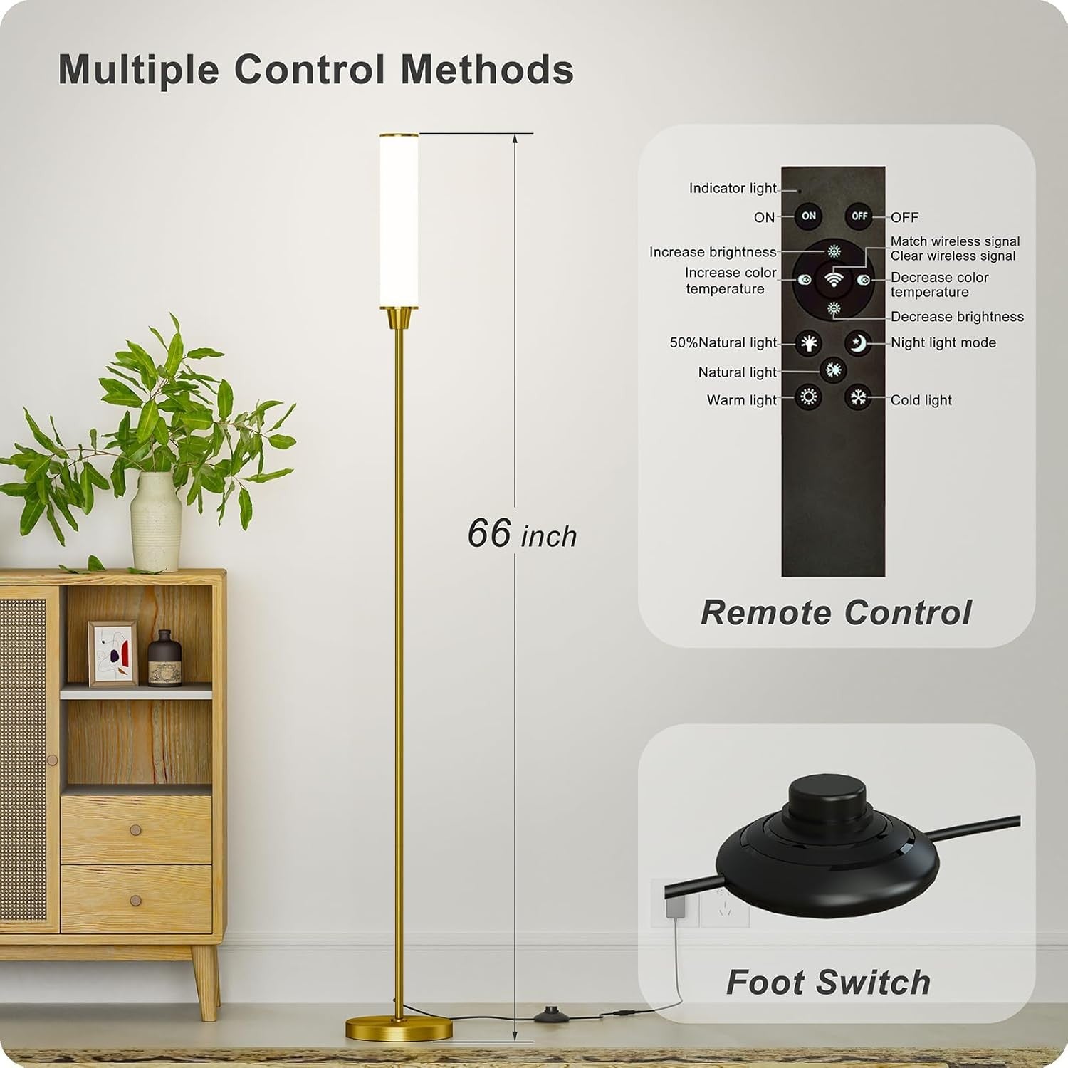 Dimmable LED Floor Lamp Remote Control Brass Gold Standing Corner Light