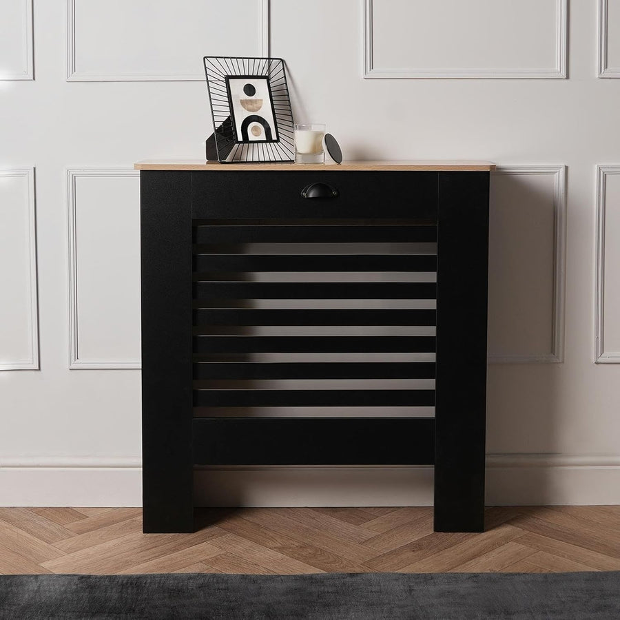 Black Radiator Cover with Oak Top – Small MDF Slatted Cabinet