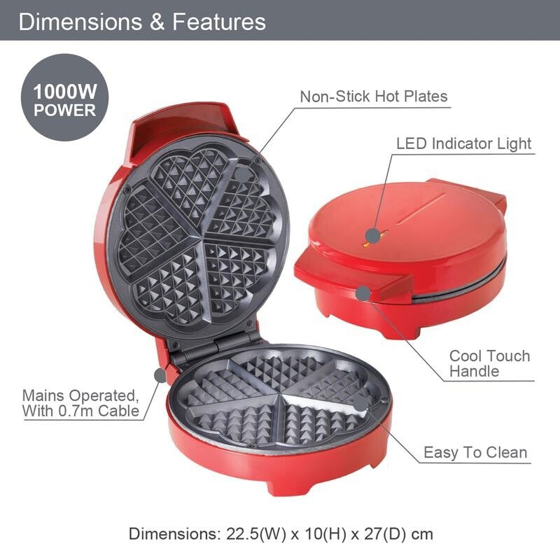 Heart Shaped Waffle Maker 1000W Non-Stick Plates Global Gizmos Belgian Sweet