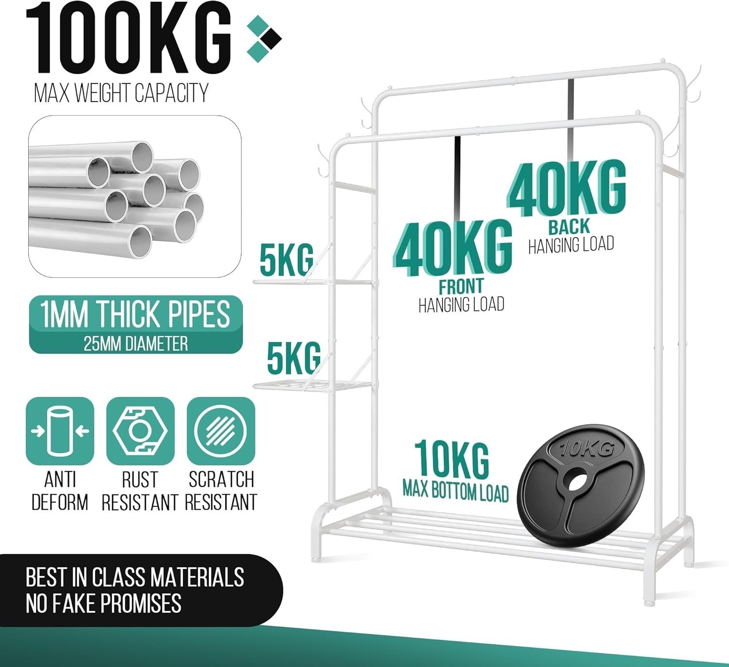 White Heavy Duty Clothes Rail 100KG Rack With Folding Shelves & Hooks
