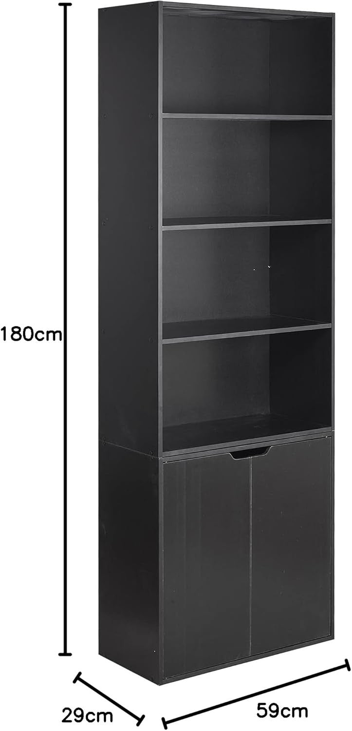 Black 6 Tier Bookcase with Cupboard Modern Storage Shelf 29D x 59W x 180H