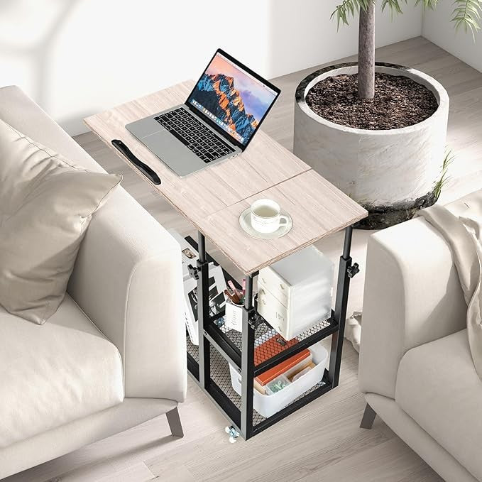 Rolling Sofa End Table Adjustable Laptop Desk Wheels Storage Natural