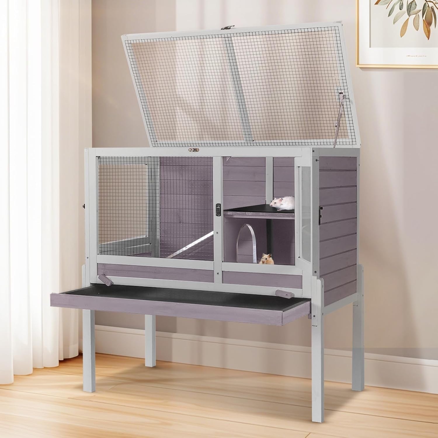 Indoor Guinea Pig Cage 2 Tier Wooden Hutch with Stand Ramp Tray