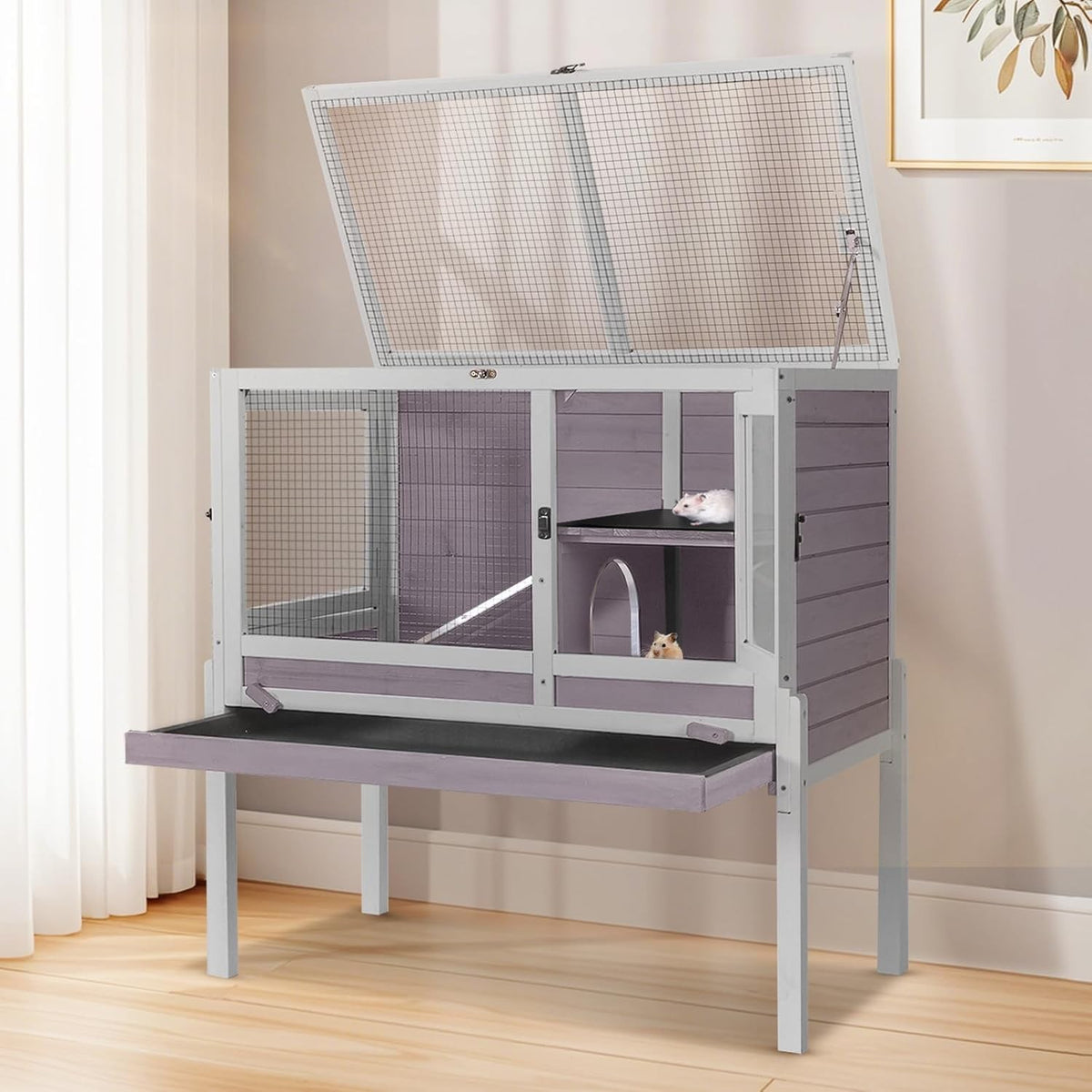 Indoor Guinea Pig Cage 2 Tier Wooden Hutch with Stand Ramp Tray