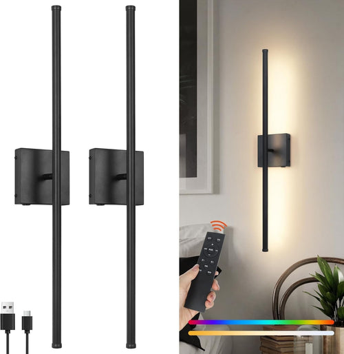 LED Wall Lights 2-Pack Wireless USB Rechargeable, Remote Dimmable RGB