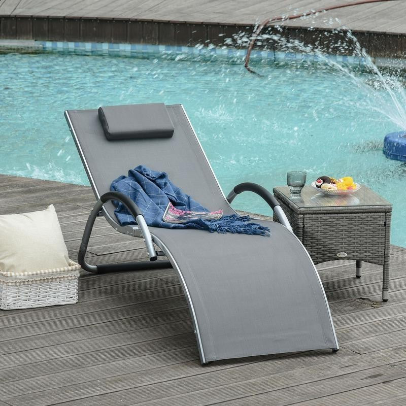 Reclining Garden Sun Lounger Mesh Outdoor Chair Portable Armrest Pillow