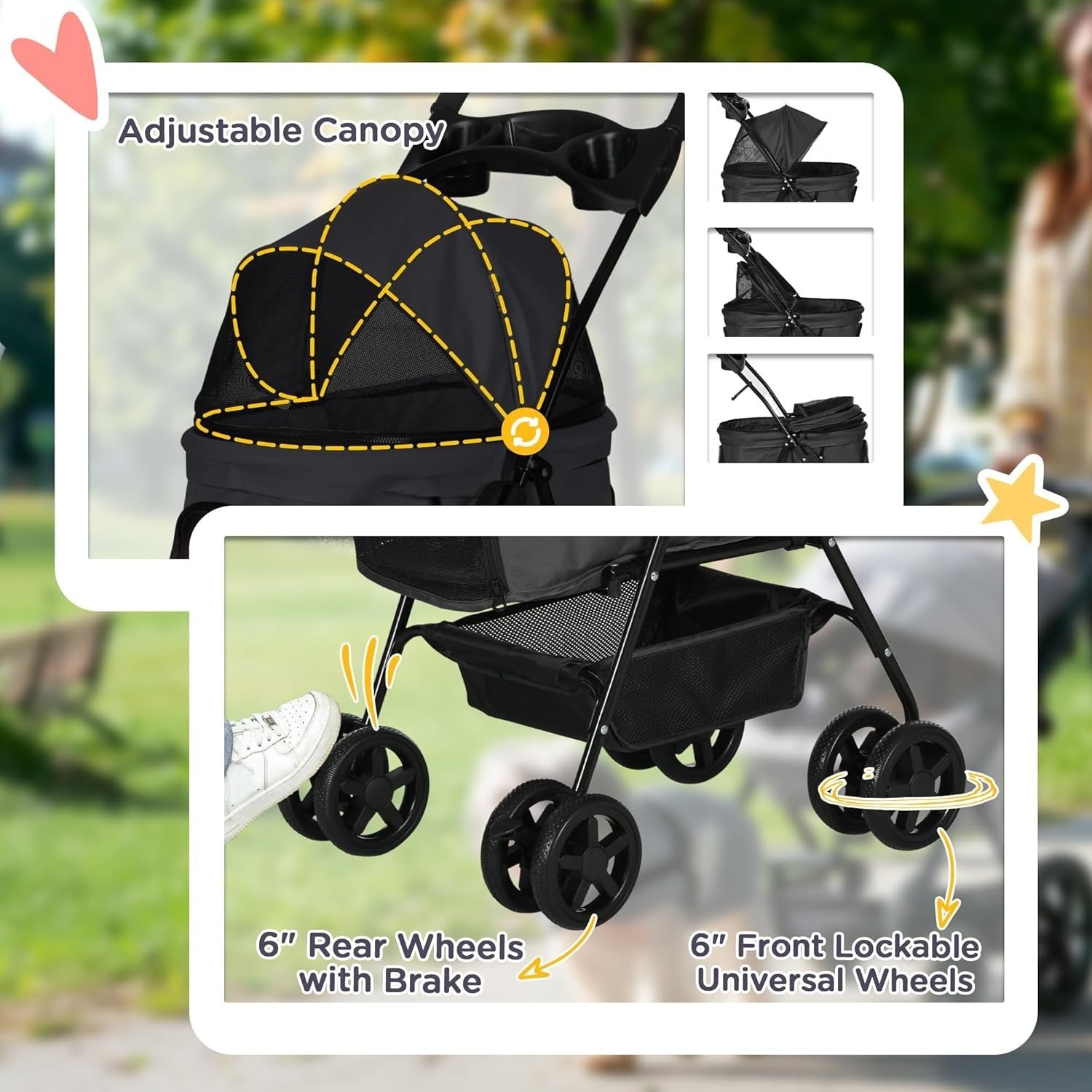 Foldable Dog Stroller Pet Pushchair 4 Wheels Safety Leashes Black