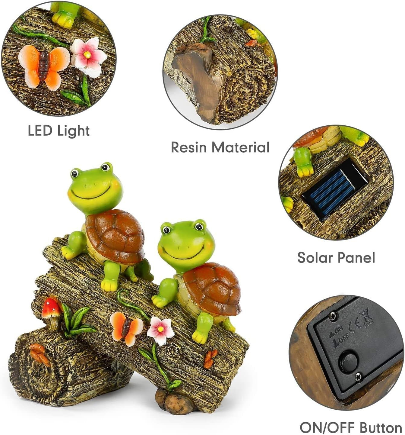 Solar Tortoise Garden Ornament Log Resin Statue LED Glow Outdoor Yard Decor Gift