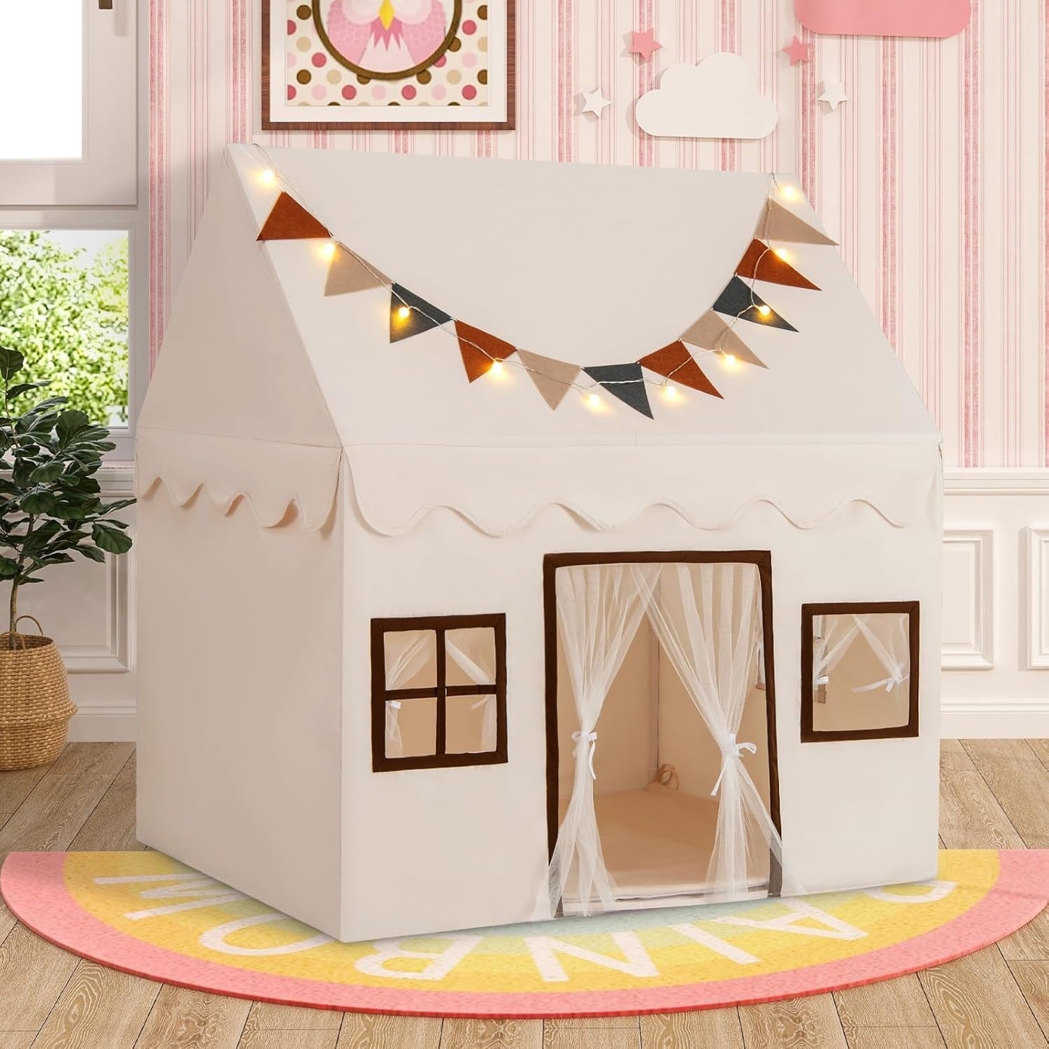 Large Kids Castle Play Tent Indoor Outdoor w Lights Mat Windows Flags