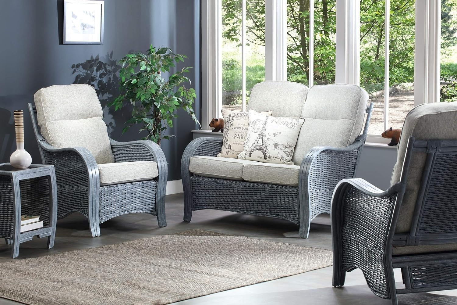 Grey Rattan Armchair Indoor High Back Wicker Lounge Chair with Cushions