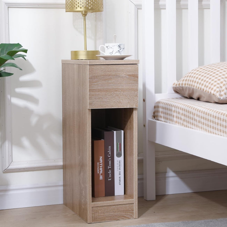 Slim Walnut Bedside Table with Drawer & Shelf, Narrow Nightstand for Small Rooms