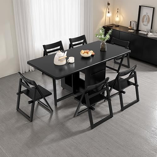 Folding Dining Table Set with Storage Drawers & 6 Chairs Black Wood