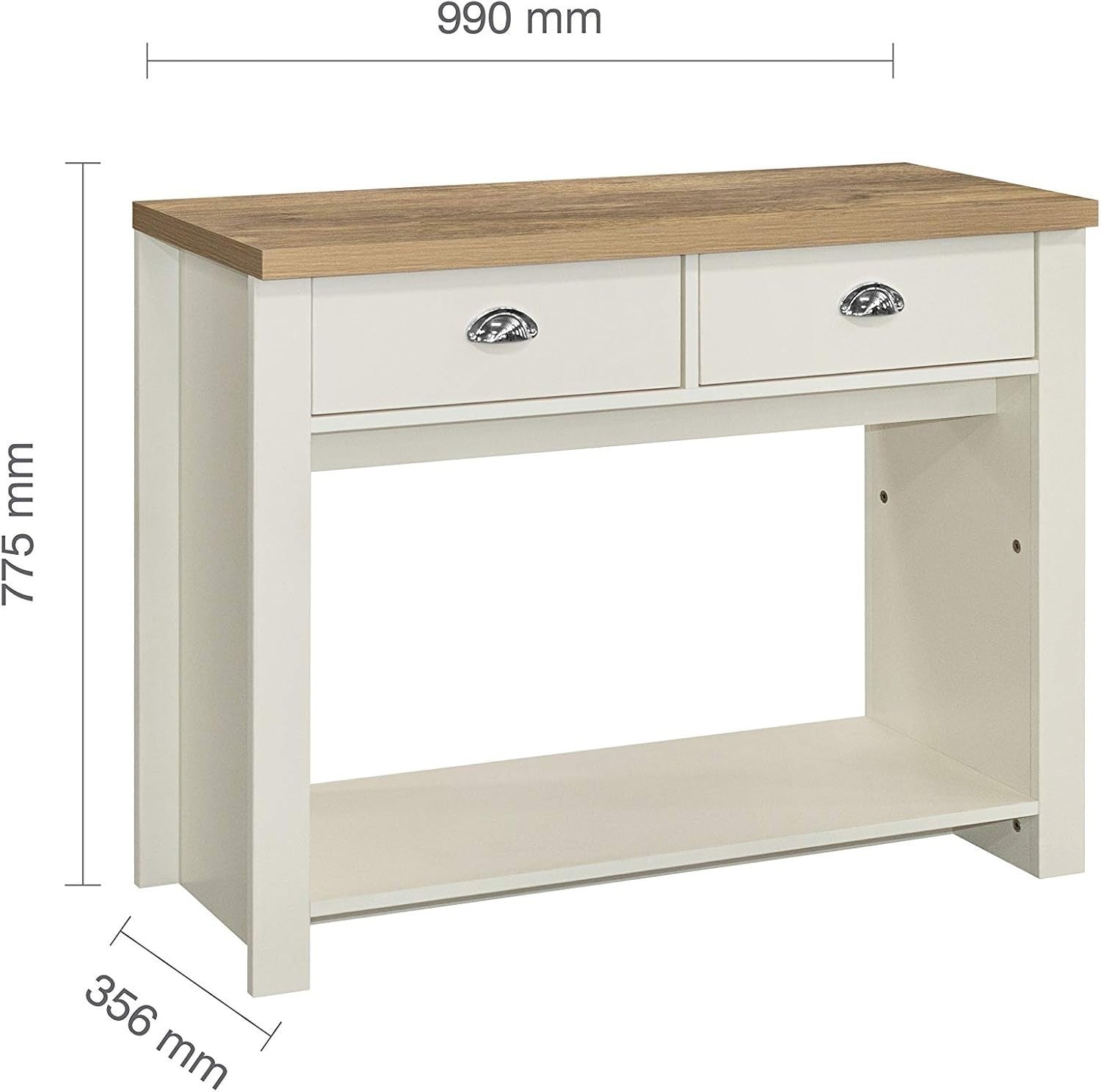 Cream 2 Drawer Console Table Oak Top - Farmhouse Style Storage Shelf