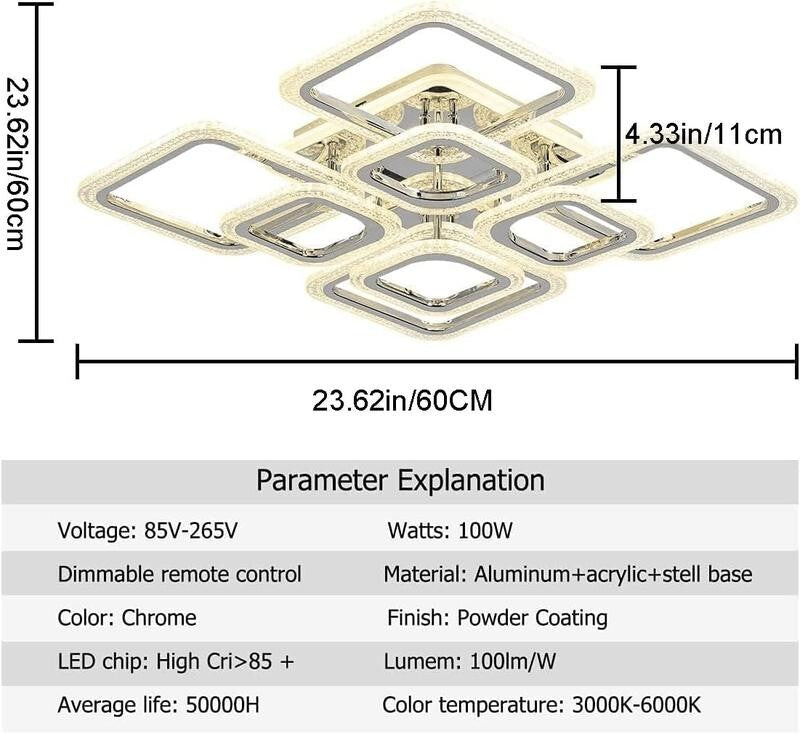 Modern LED Ceiling Light Dimmable Remote Control Flush Mount 100W Lamp