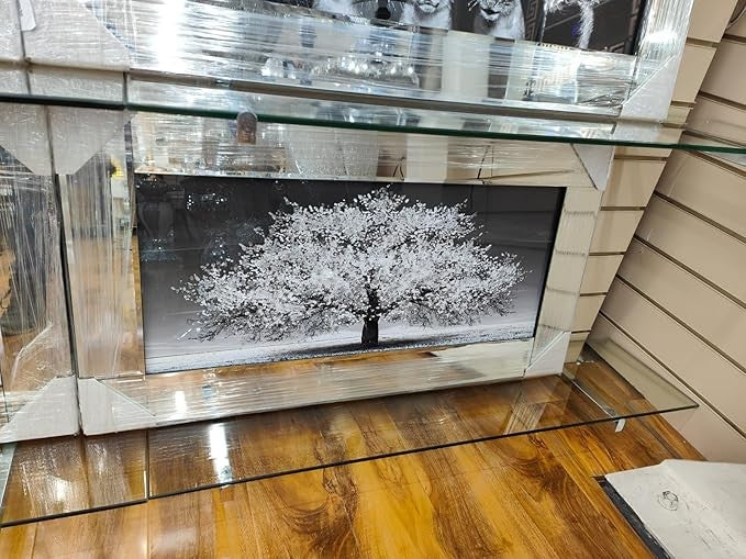 Blossom Tree 3D Glitter Liquid Wall Art 85x45cm Mirrored Frame Silver