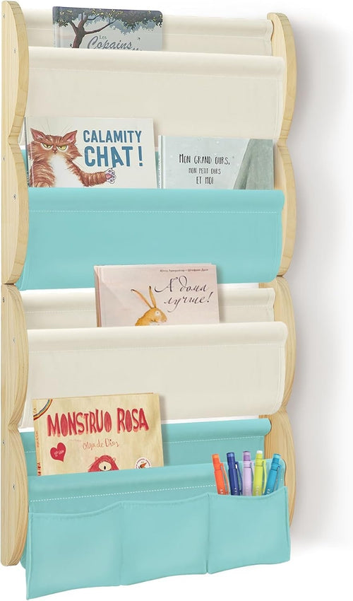 Kids Wall Mounted Bookshelf 4 Tier Floating Shelf with Pockets – Blue