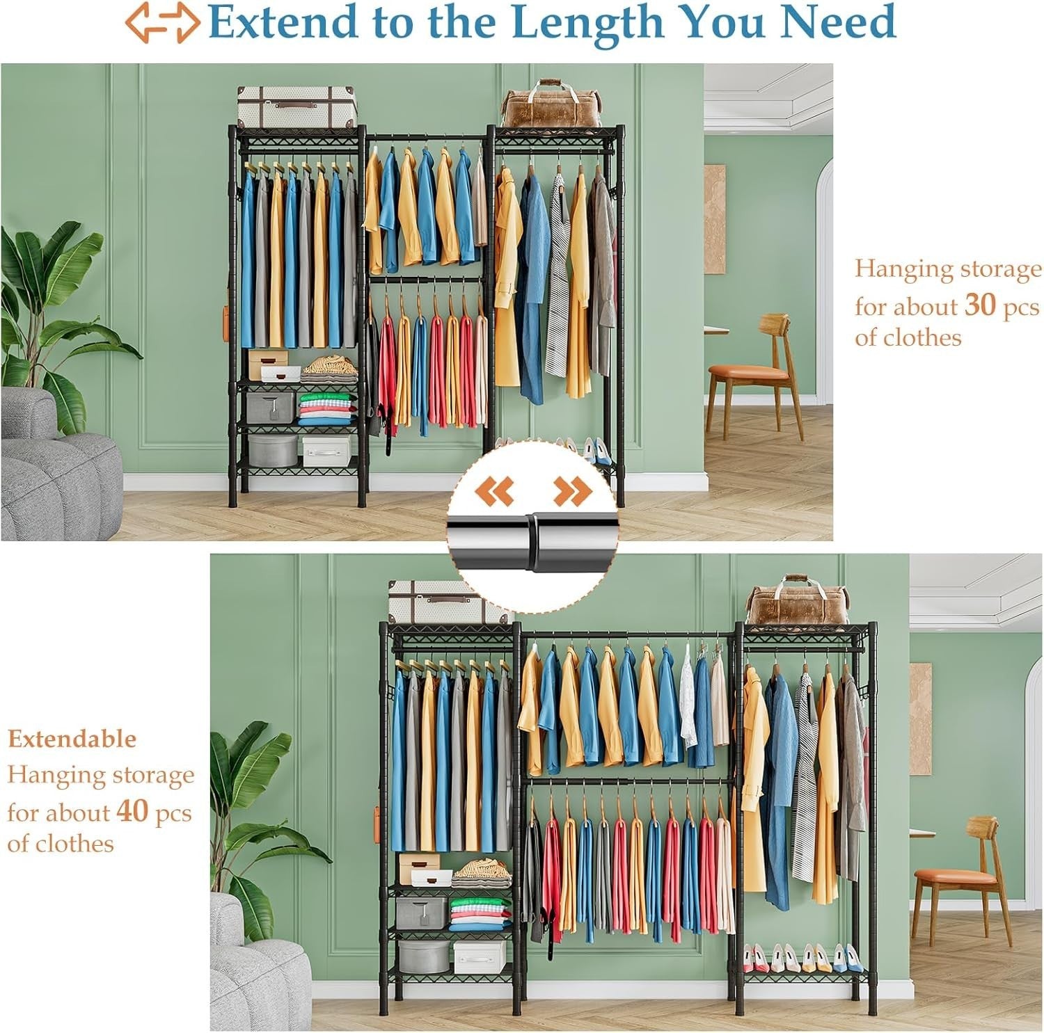 Expandable Heavy Duty Clothes Rail with Shelves – Black 180cm