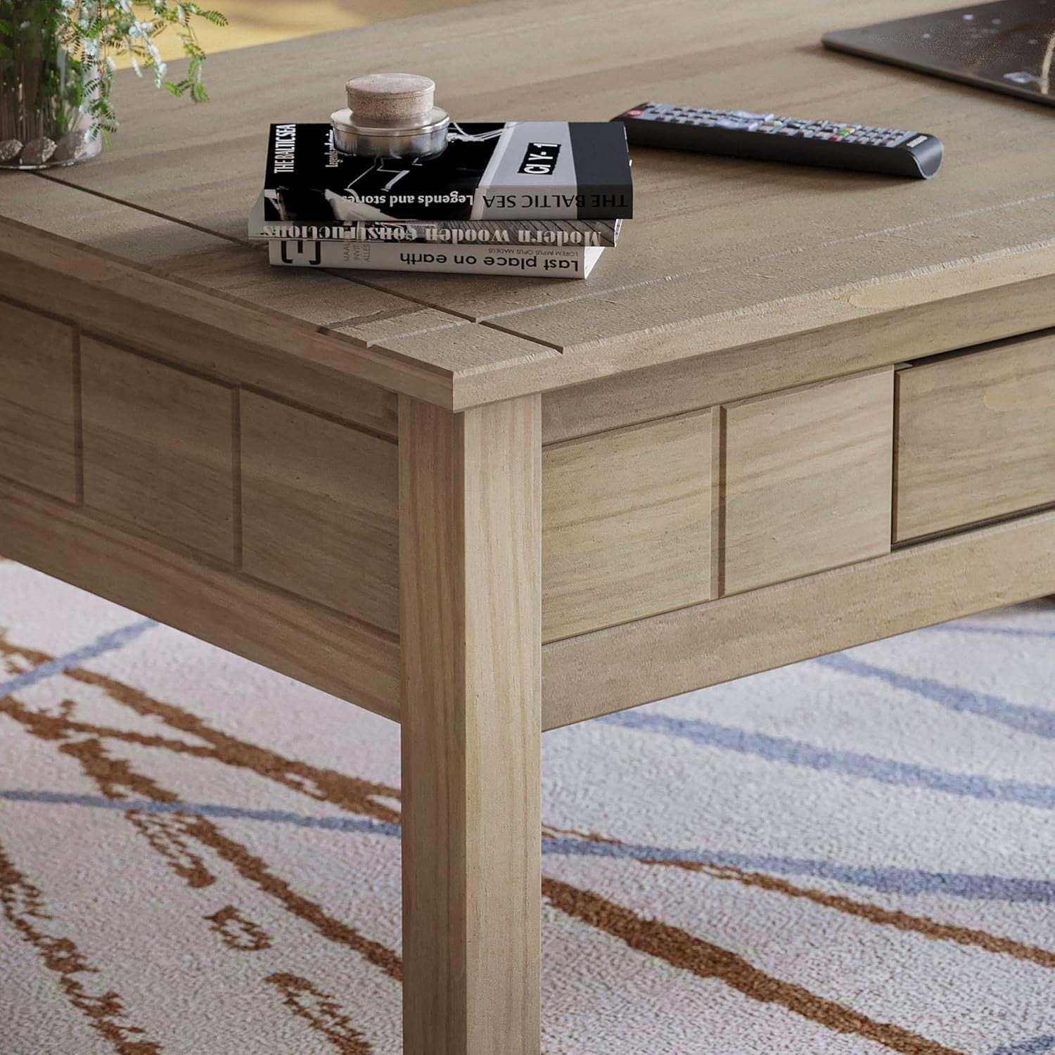 Rustic Natural Oak Coffee Table with Storage Drawer, Solid Pine Wood 60x100cm
