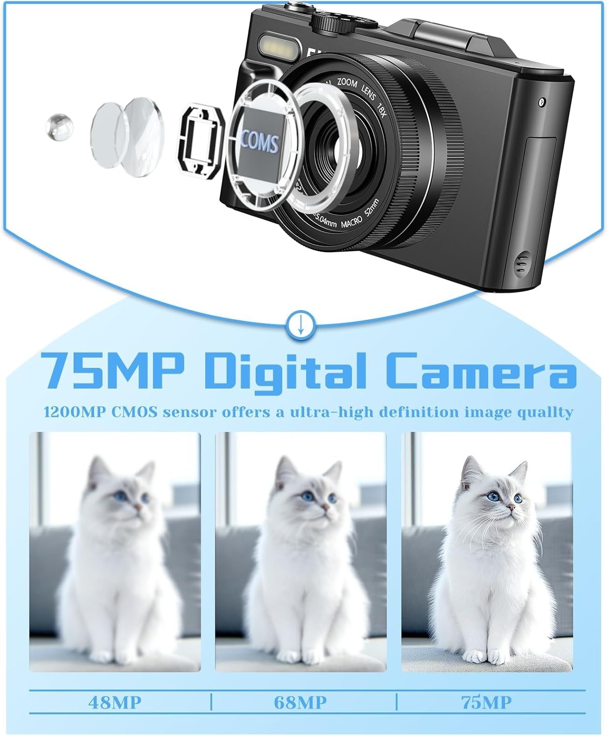 5K 75MP Vlogging Camera WiFi Flip Screen Zoom Camera 64GB