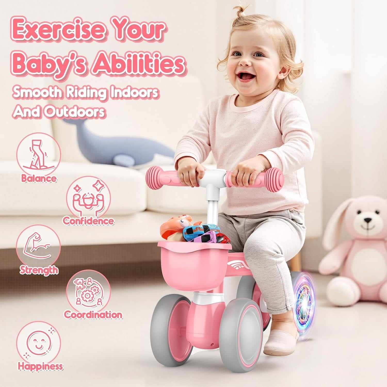 Baby Balance Bike LED Wheels Toddler Ride On Walker Basket Pink 1-3 Years