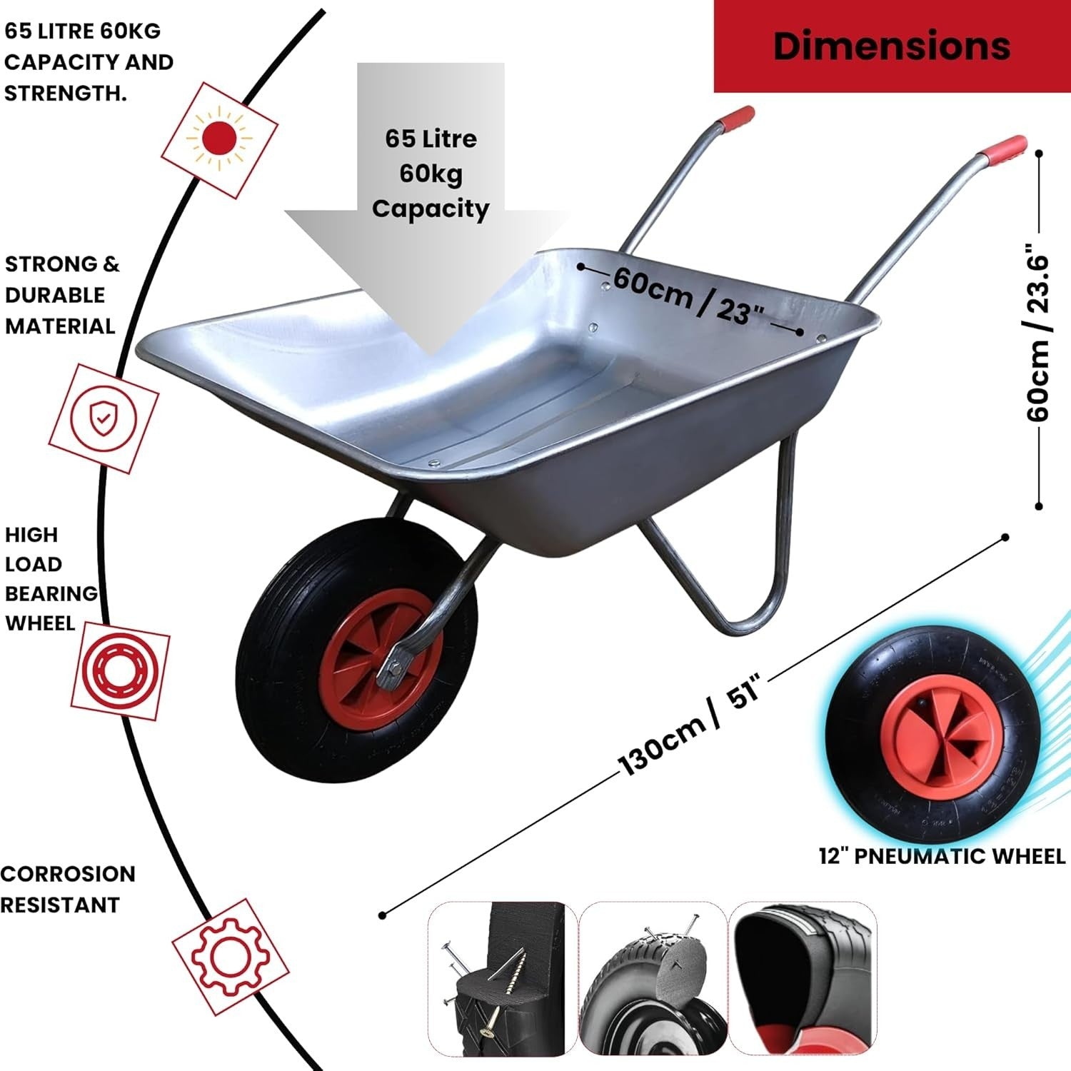 65L Silver Wheelbarrow – Galvanised Steel Tub w/ Air Tyre & Grip Handles 60kg