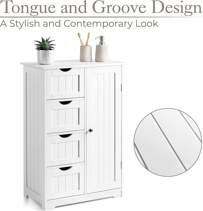 White Wooden Bathroom Cabinet with 4 Drawers & Cupboard 30x56x82cm Storage