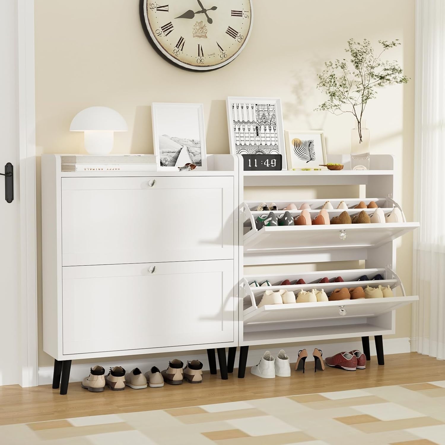 Slim White Shoe Cabinet 2 Flip Drawers with Storage, 80cm Entryway Unit