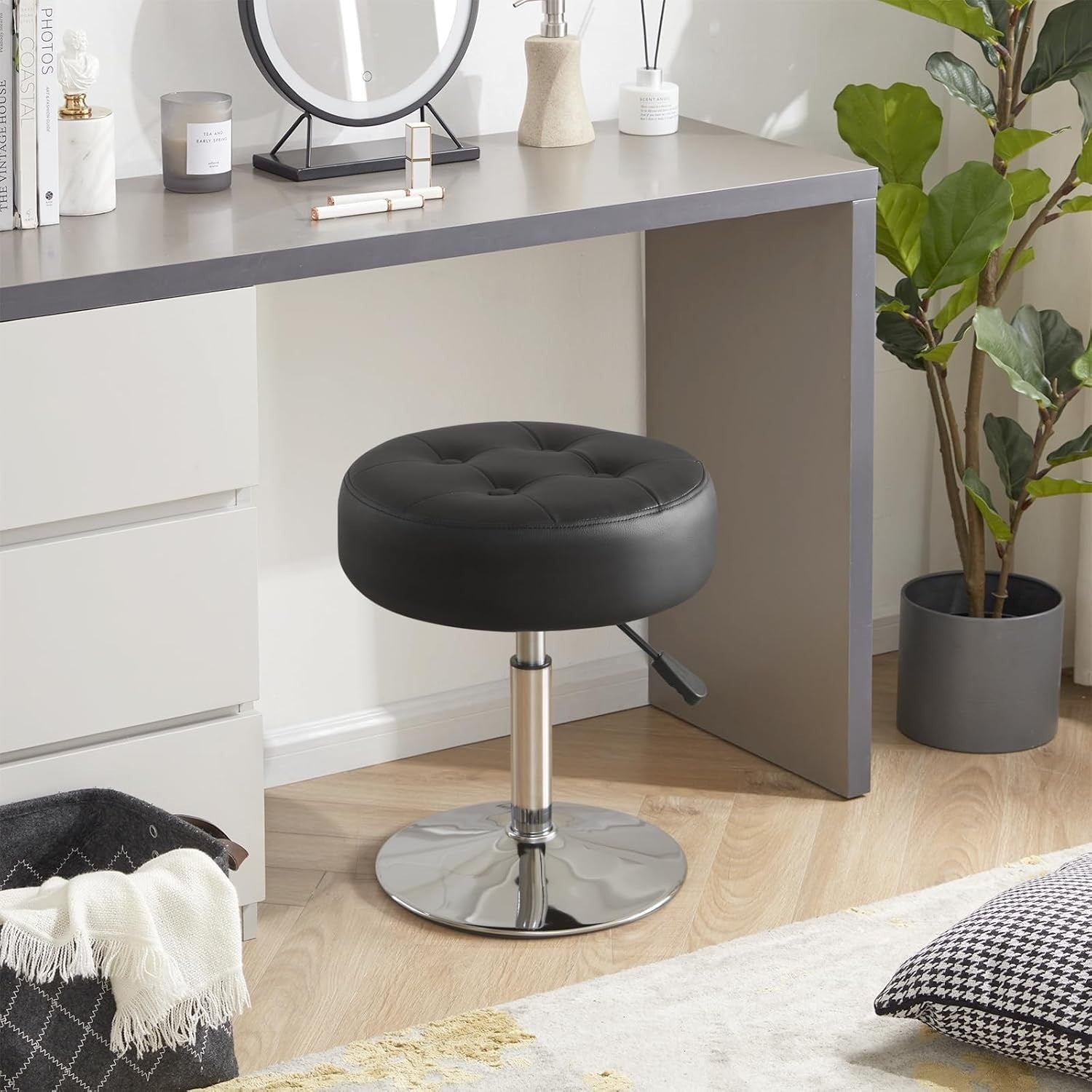 Black PU Leather Vanity Chair – Adjustable Round Swivel Makeup Stool