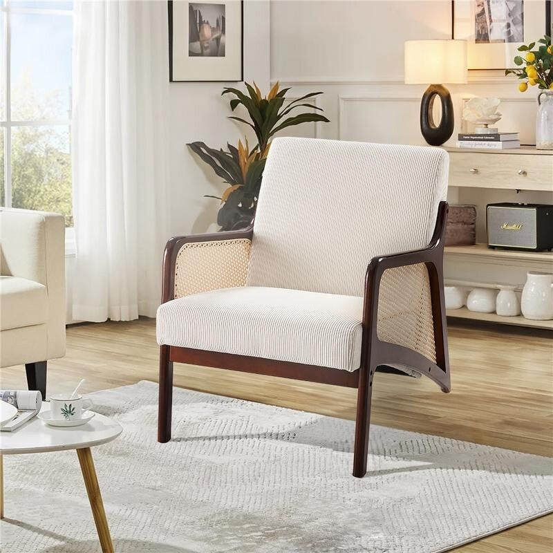 Beige Corduroy Accent Armchair Rattan Wood Lounge Chair Mid Century